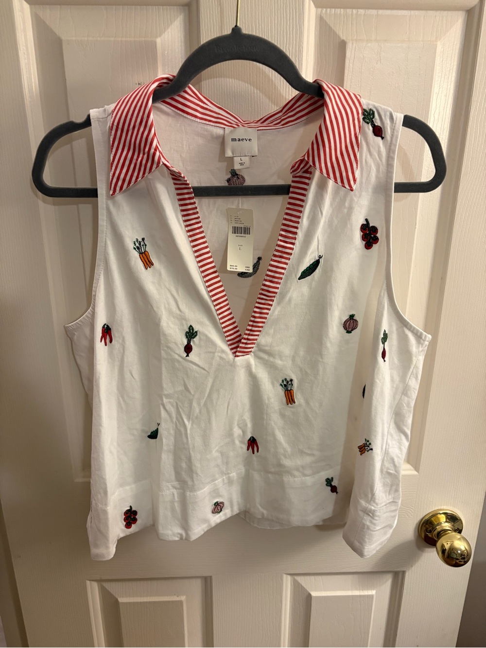 Maeve White Sleeveless Embroidered Collared Tank with Red Stripe